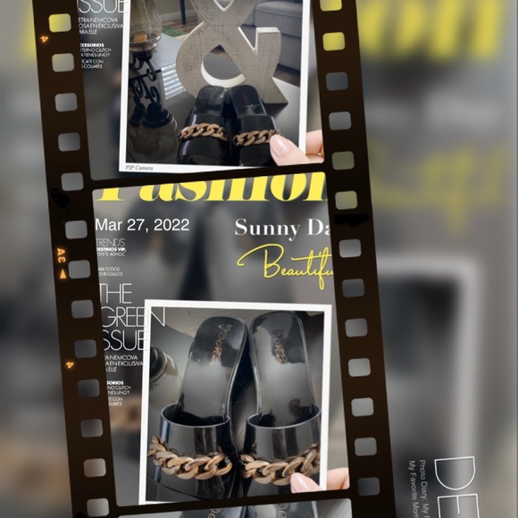 Black Patent Leather Look Slides/Mules w/Gorgeous Gold Chainlink Hardware Detail - Picture 16 of 16